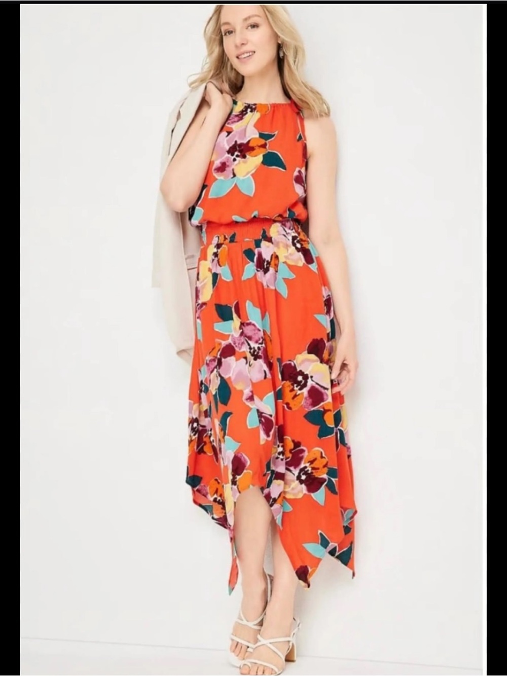 Maurices Vibrant Orange Floral Halter Midi Dress